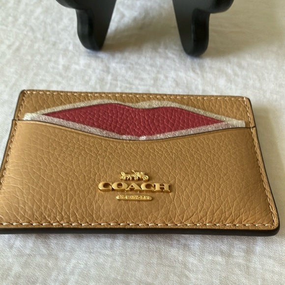 Coach: Tan Slim Credit Card Holder with Pink Lips- Wallet - Picture 14 of 16